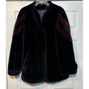 1960s Casper Faux Fur Borg Coat - Union Made, Striped Sleeves, Black, Medium